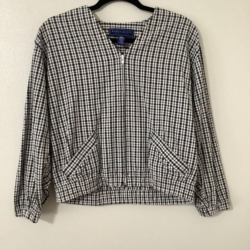 Black‎ Gingham Plaid Zip Up Cotton Casual Country Lightweight Jacket PS Fall